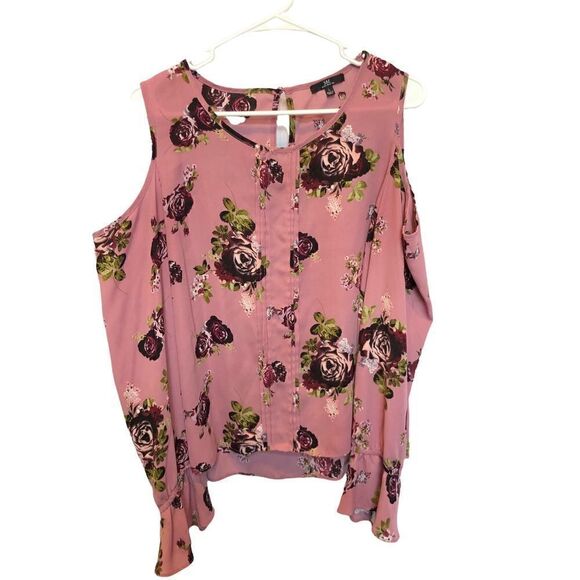 MM beautiful cold shoulder blouse scoop neck bell sleeves pink floral Large - Picture 1 of 10